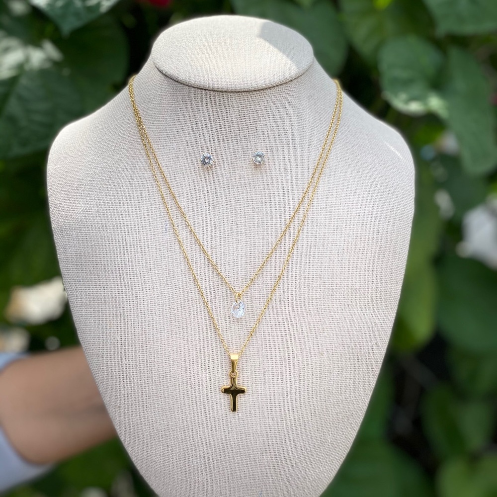 Double layered cross necklaces with earrings